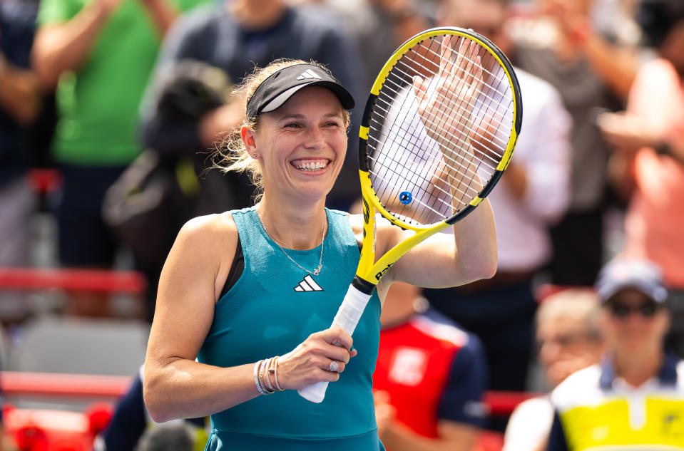 MONTREAL, QUEBEC - AUGUST 08: Caroline Wozniacki of Denmark reacts to defeating Kimberly Birrell of Australia in the first round on Day 2 of the National Bank Open Montréal at Stade IGA on August 08, 2023 in Montreal, Quebec (Photo by Robert Prange/Getty Images)