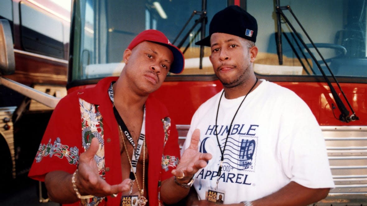 (Left to right) Guru (a.k.a. Keith Edward Elam) and DJ Premier (a.k.a Christopher Edward Martin) of the rap duo Gang Starr pose for photos at their tour bus in July 1998 outside the International Amphitheatre in Chicago. (Photo by Raymond Boyd/Getty Images)
