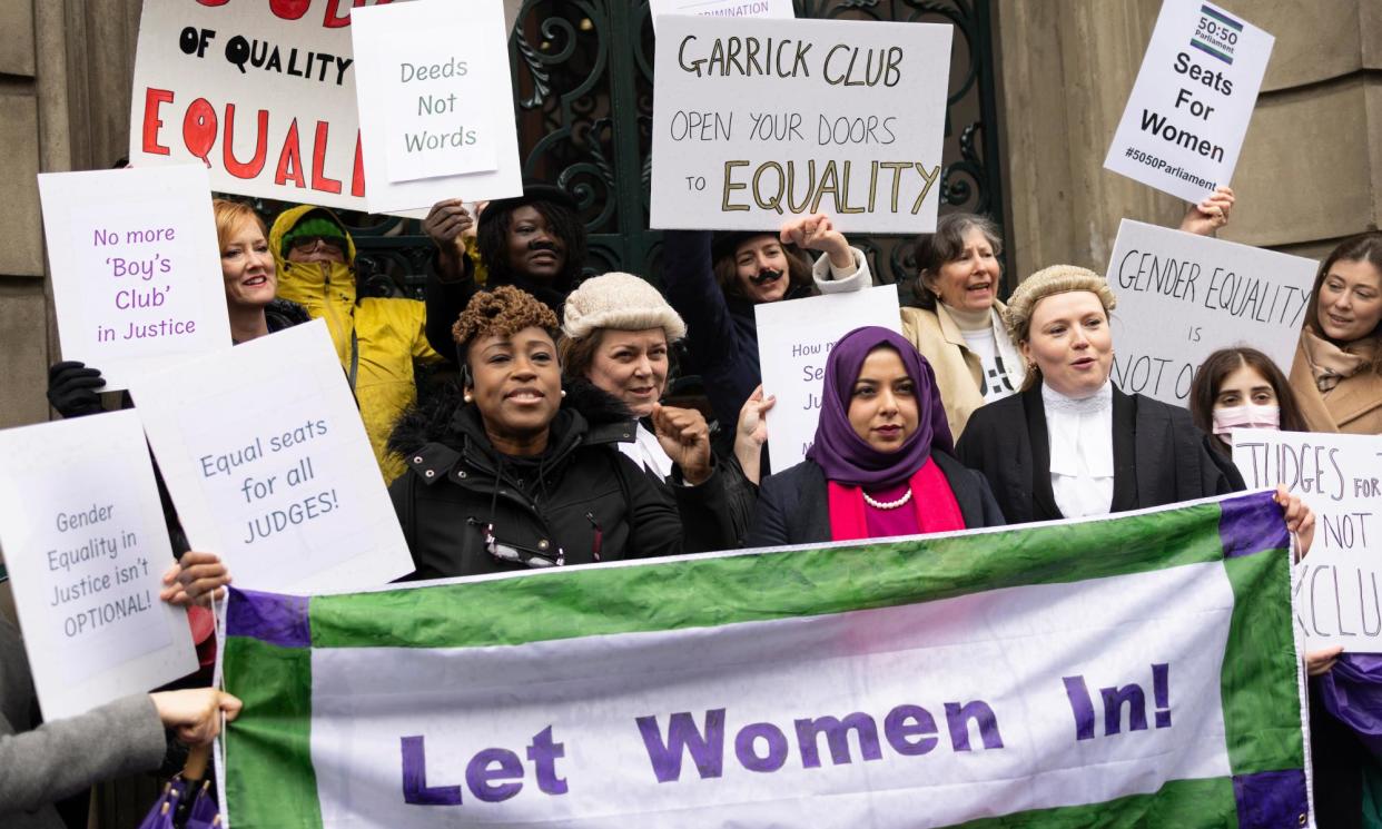 <span>Protesters outside the men-only Garrick Club in London on Thursday.</span><span>Photograph: Graeme Robertson/The Guardian</span>