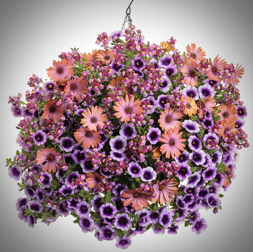 Bloom Moon is an incredible new recipe from Proven Winners featuring Superbells Blue Moon Punch calibrachoa, and two new 2023 introductions, Bright Lights Horizon Sunset African daisy and Aromance Mulberry nemesia.