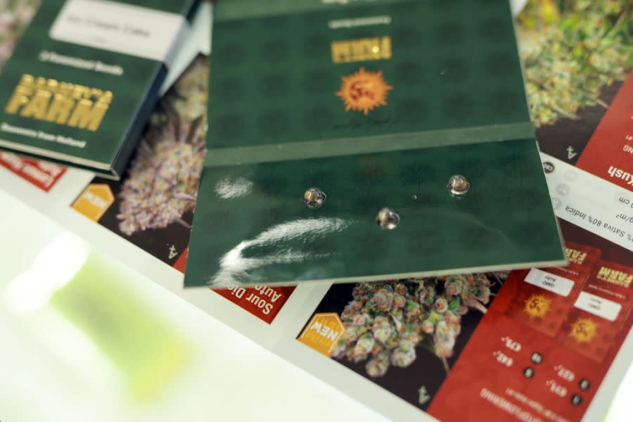 ASCHHEIM, GERMANY – APRIL 02: Wrapped cannabis seeds are displayed in the newly opened cannabis sales point of Wenzel Cerveny, head of the Chillout cannabis social club the day after Germany’s new cannabis legalization went into effect on April 02, 2024 in Aschheim, Germany. The new law legalizes possession and consumption of limited quantities of marijuana, and also allows individuals to grow up to three marijuana plants at home. In July cannabis social clubs will be allowed to grow marijuana plants for their members’ consumption. (Photo by Johannes Simon/Getty Images)