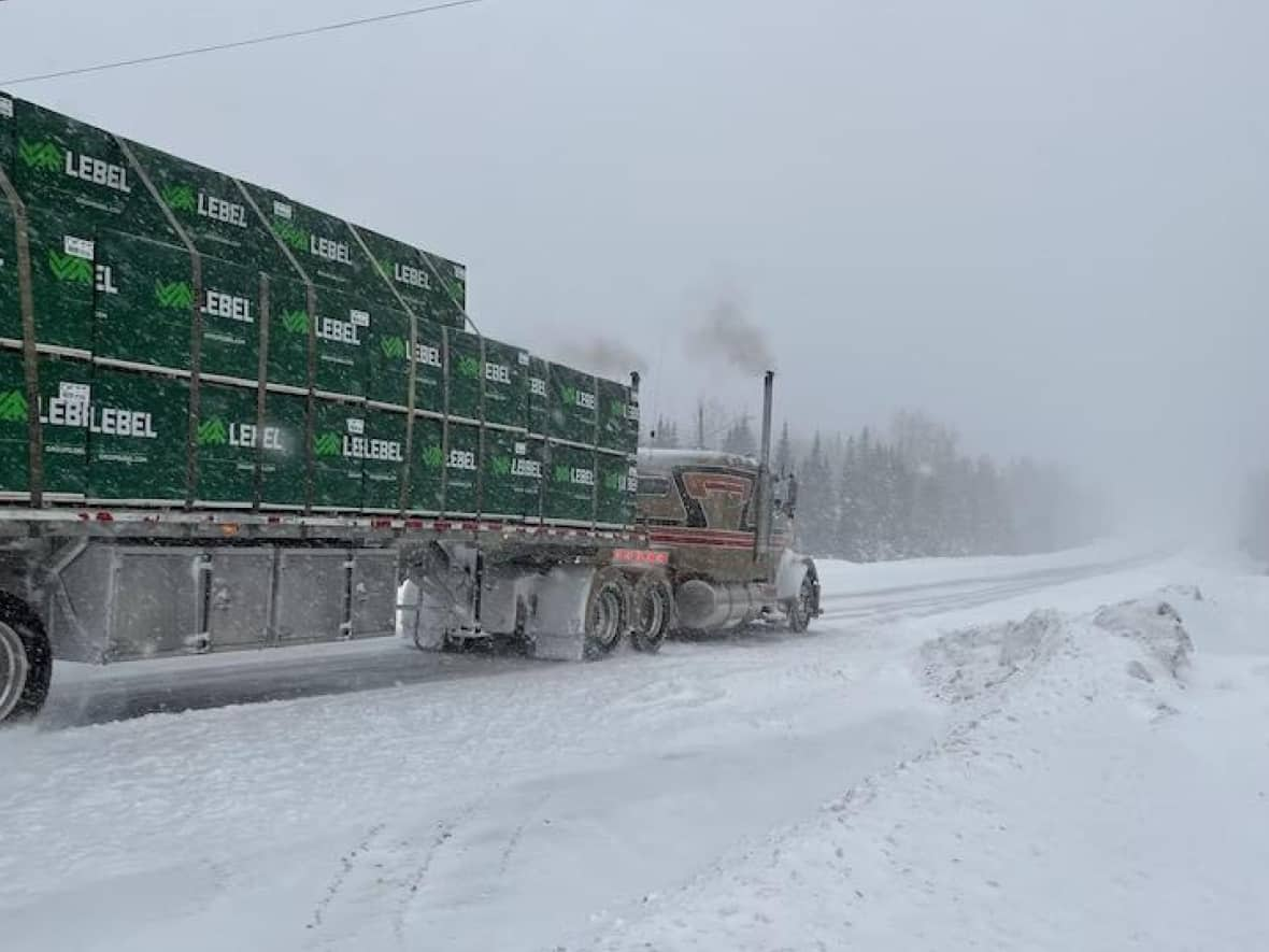 Highway 17 in northern New Brunswick is shown on Friday. Many northern New Brunswick roads are still snow-covered as of Saturday. (Serge Bouchard/Radio-Canada - image credit)