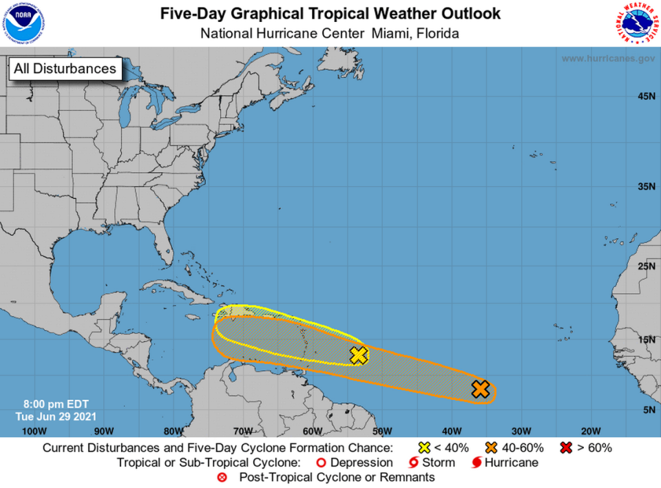 The chances that a disturbance in the western Atlantic strengthens into a tropical depression or more are climbing, but forecasters say the closer system is likely to remain weaker and disorganized.