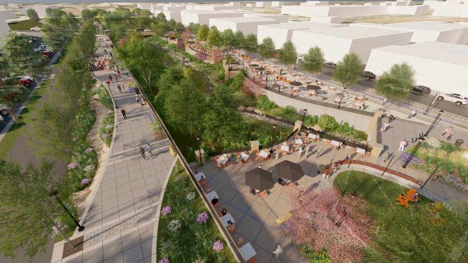 A rendering of the Renew Jordan Creek project, which is anticipated to begin construction mid-2024 and will include pedestrianizing Water Street. The goal of the project is to mitigate flooding and create a welcoming space where nature and urban life can meet.