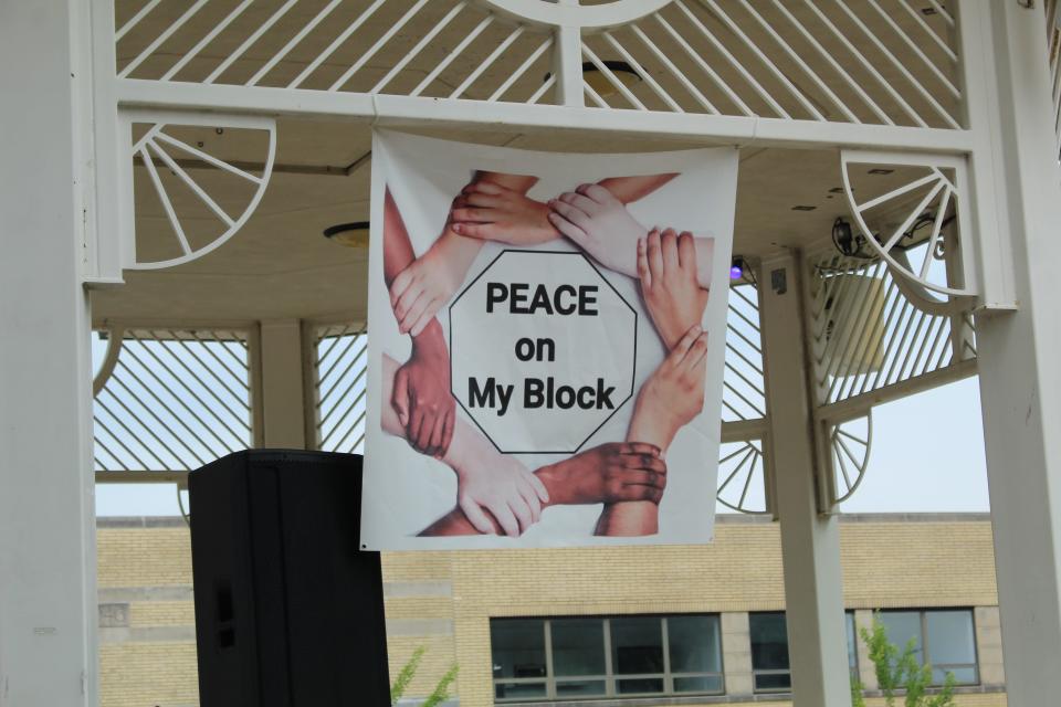 A peace sign hung at Central Park during the Kay Day Peace March.