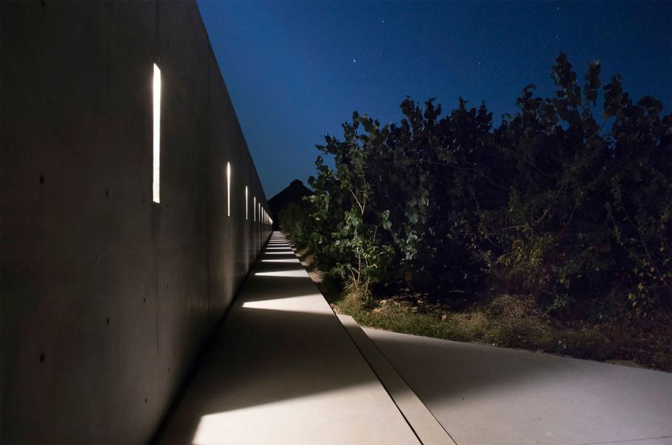 Casa Wabi at night. This is the long outdoor corridor that spans 10,024 feet (312 meters).