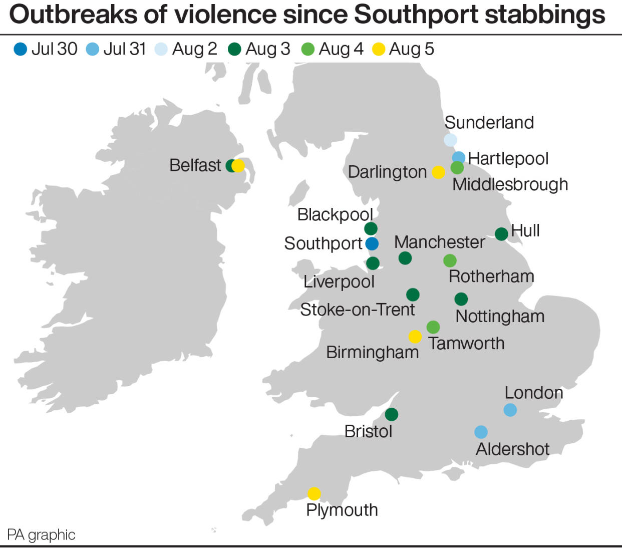 Outbreaks of violence since Southport stabbings. (PA)