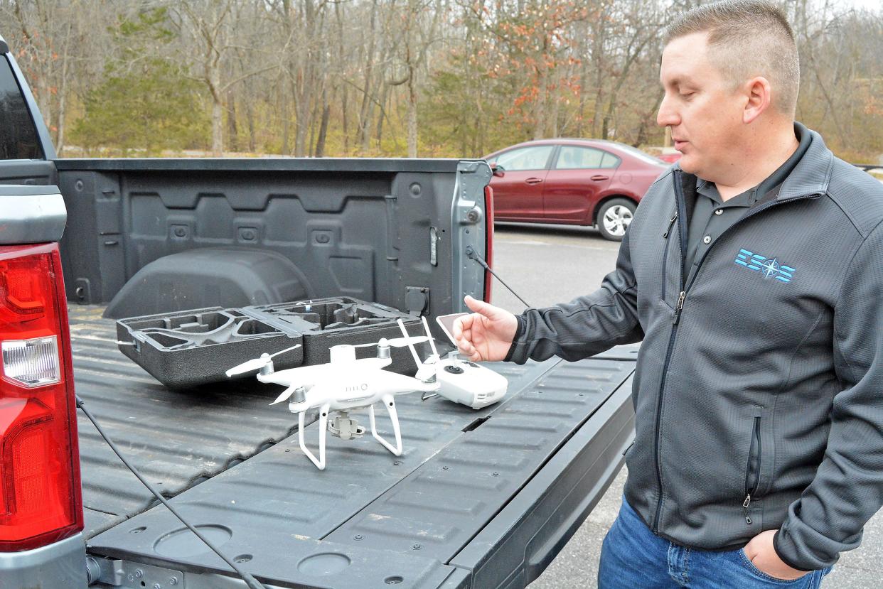 Cory Bergthold, Engineering Surveys and Services vice president of operations, explains how he will fly a drone within the next couple of weeks to take aerial photography along Forum Boulevard as part of engineering planning for a project to widen the road in a section where it is not four lanes. 