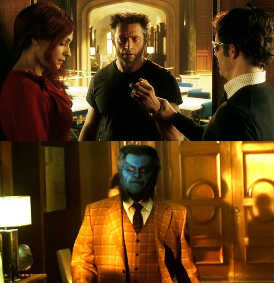 The "Happy Ending" of X-Men: Days of Future Past, showcasing Jean Grey (Famke Jannsen), Hugh Jackman (Wolverine) Cyclops (James Marsden) and Beast (Kelsey Grammer). 