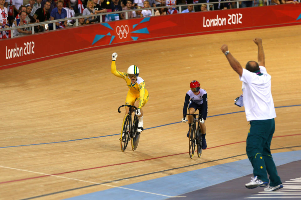 LONDON, ENGLAND - AUGUST 07: Anna Meares (L) of Australia celebrates winning the Gold medal ahead of Victoria Pendleton of Great Britain in the Women's Sprint Track Cycling Final on Day 11 of the London 2012 Olympic Games at Velodrome on August 7, 2012 in London, England. (Photo by Phil Walter/Getty Images)