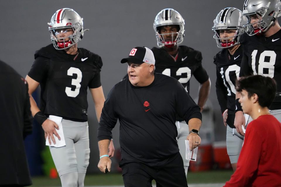 Mar 5, 2024; Columbus, OH, USA; Ohio State Buckeyes offensive coordinator Chip Kelly works with quarterbacks during the first spring practice at the Woody Hayes Athletic Center.