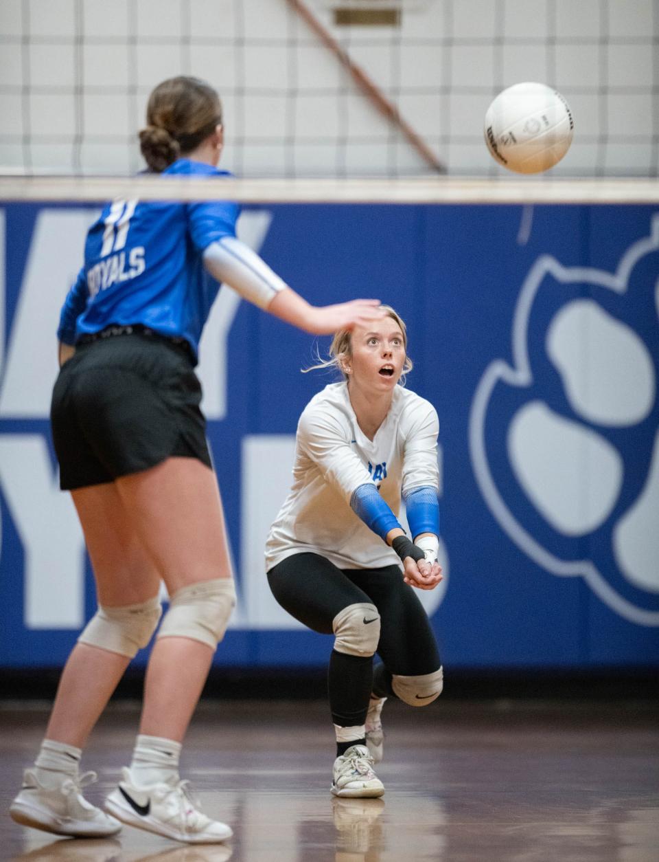 Ella Nelson (1) plays the ball during the Baker vs Jay 1-1A District Tournament championship volleyball match at Jay High School on Thursday, Oct. 19, 2023.