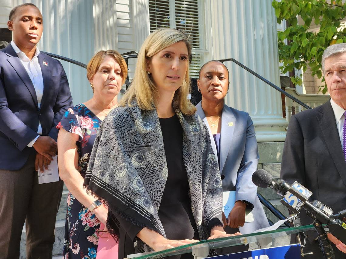 N.C. Sen. Mary Wills Bode, pictured here at a news conference at the N.C. Democratic Party headquarters in Raleigh when she was running for office in September 2022.