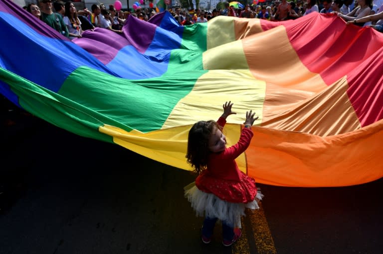 A child helps to wave a huge rainbow flag during the Gay Pride parade on September 17, 2017 in Belgrade