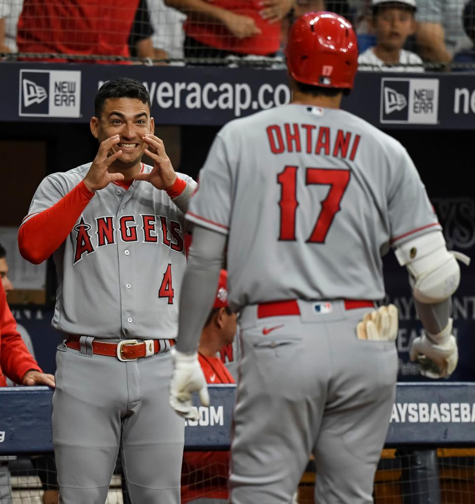 Los Angeles Angels' Jose Iglesias (4) greets Shohei Ohtani at the dugout after Ohtani's solo home run off Tampa Bay Rays' Andrew Kittredge during the first inning of a baseball game Friday, June 25, 2021, in St. Petersburg, Fla. (AP Photo/Steve Nesius)