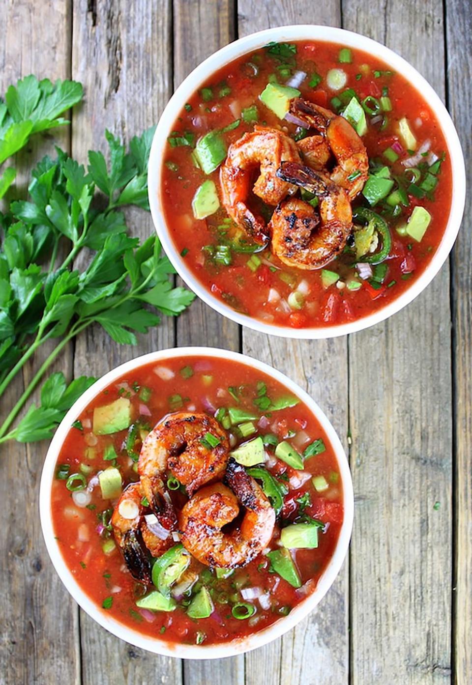 Classic Gazpacho with Spicy Grilled Shrimp