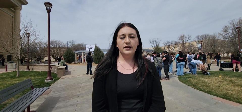 Lauren Stovall of Spectrum WT, a student organization for LGBTQIA + students and allies, spoke at Thursday's protest on the WT campus about WT President Walter Wendler’s decision to cancel the planned drag show.