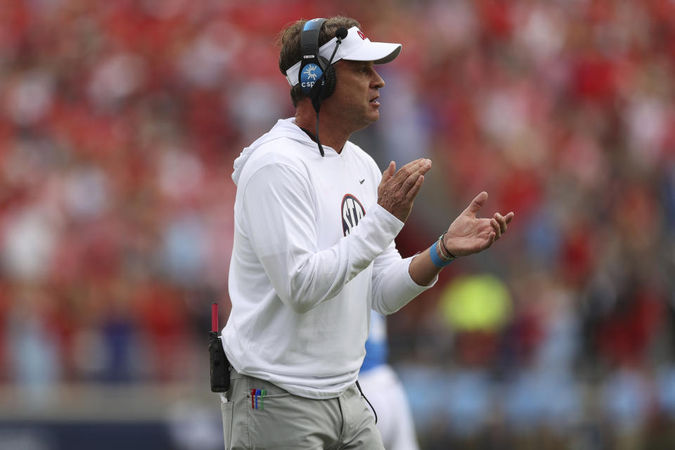 Mississippi head coach Lane Kiffin reacts after a touchdown during the first half of an NCAA college football game against Kentucky Saturday, Sept. 28, 2024, in Oxford, Miss. (AP Photo/Randy J. Williams)