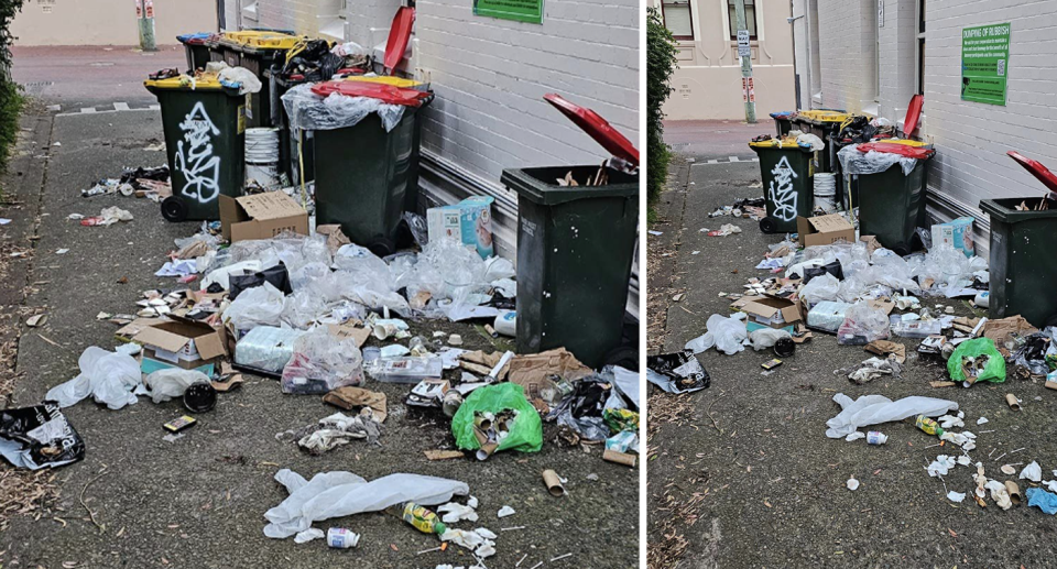 A trash covered alleyway in Newtown. 