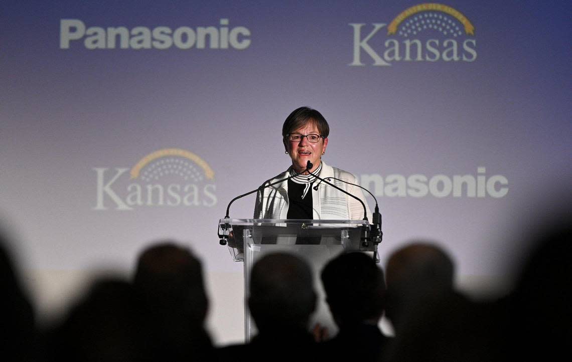 Kansas Gov. Laura Kelly announced the details of a plan to build $4 billion Panasonic EV battery plant near DeSoto at the Townsite Tower in Topeka Wednesday, July 12, 2022.