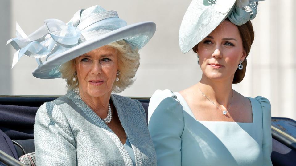 Queen Camilla, Kate Middleton travel down The Mall in a horse drawn carriage during Trooping The Colour 2018. 