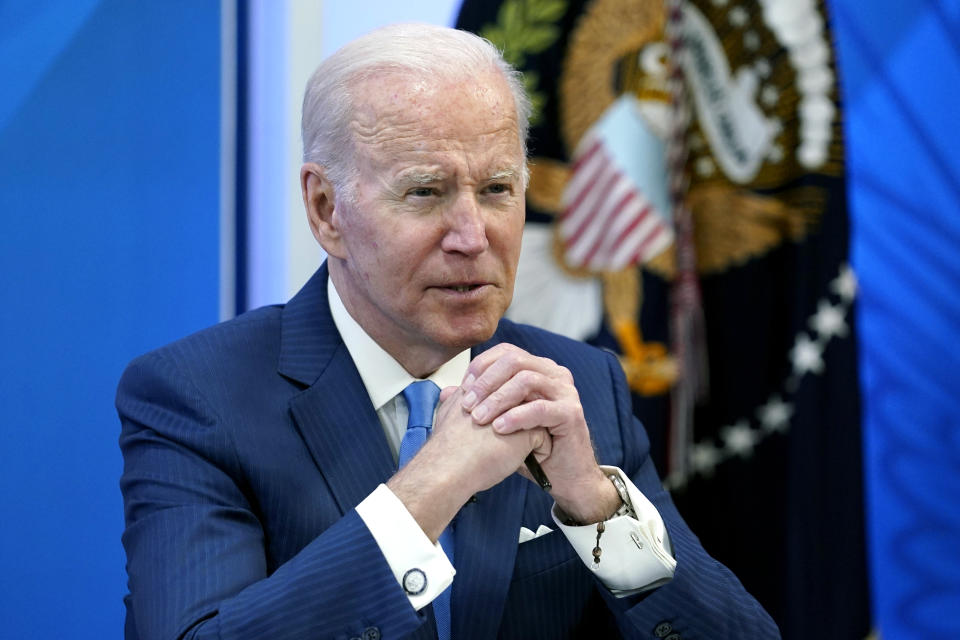 FILE - President Joe Biden speaks in the South Court Auditorium on the White House complex in Washington, April 28, 2022. Biden needs to make a decision about cancelling student debt. For student loan activists, the past week began with hope as Biden gave his clearest indication that he was considering canceling federal debt rather than simply allowing borrowers to defer payments during the pandemic. But that soon gave way to disappointment when Biden signaled days later that any debt relief would be much less than activists wanted. (AP Photo/Susan Walsh, File)