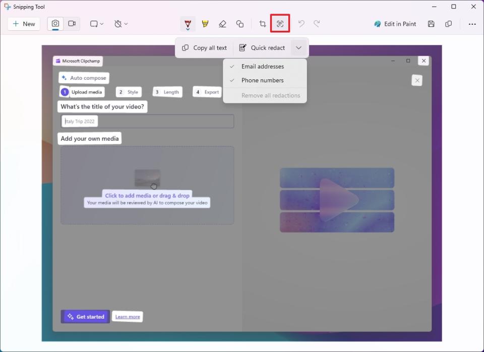 Snipping Tool AI text actions