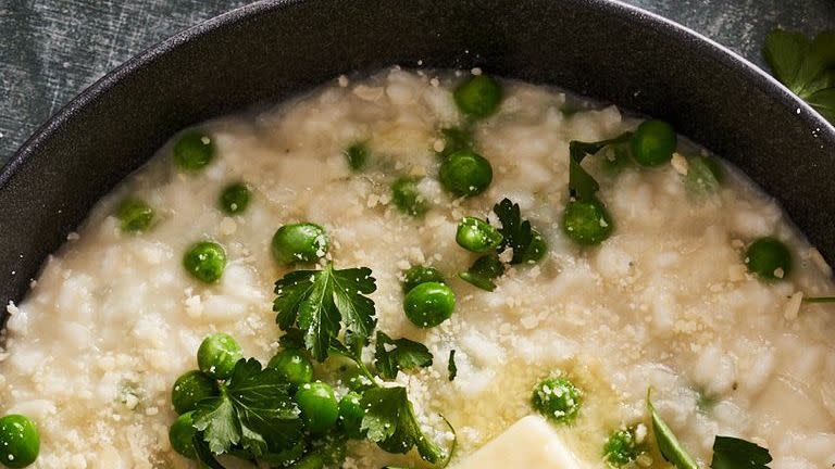 baked risotto with lemon, peas parmesan