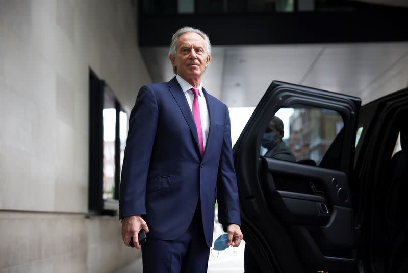 Former British Prime Minister Tony Blair leaves the BBC Headquarters after appearing on the Andrew Marr Show, in London