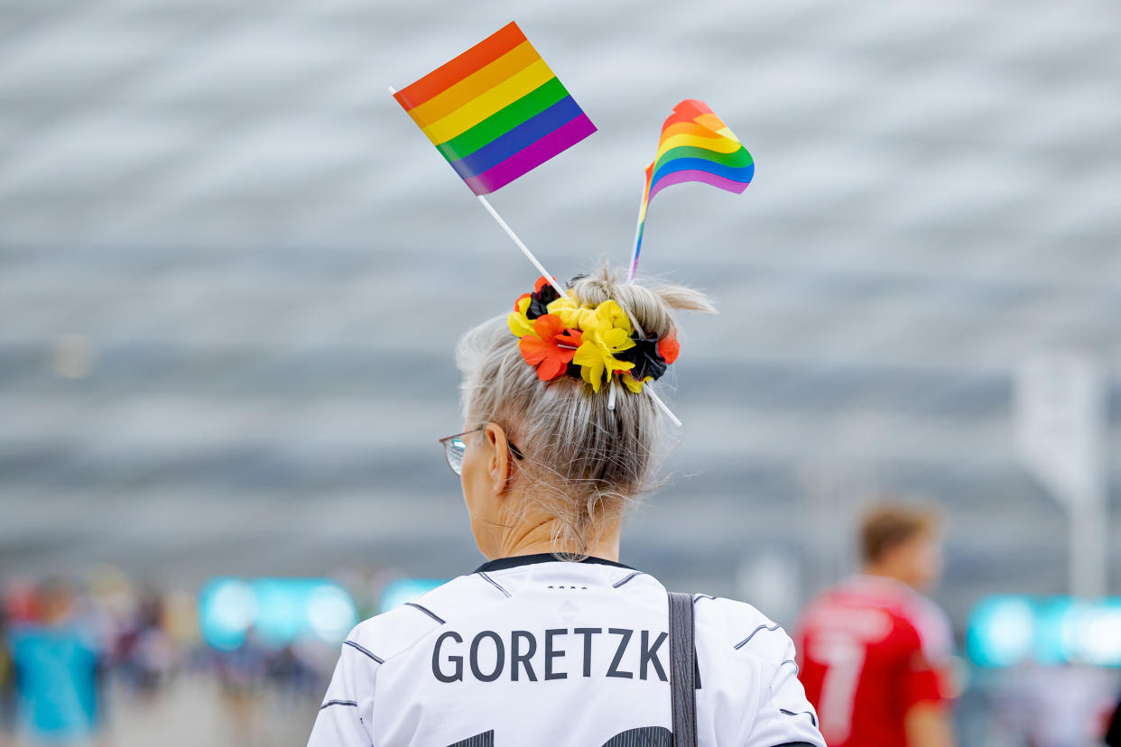 MUNICH, GERMANY - JUNE 23: supporters of Germany with rainbow flags during the    match between Germany v Hungary at the Allianz Arena on June 23, 2021 in Munich Germany (Photo by Laurens Lindhout/Soccrates/Getty Images)