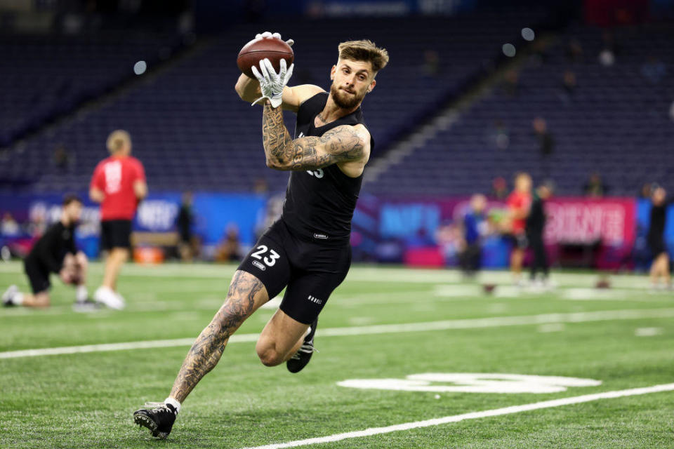 Ricky Pearsall #WO23 of Florida participates in a drill during the NFL Combine at the Lucas Oil Stadium on March 2, 2024 in Indianapolis, Indiana. / Credit: Kevin Sabitus / Getty Images