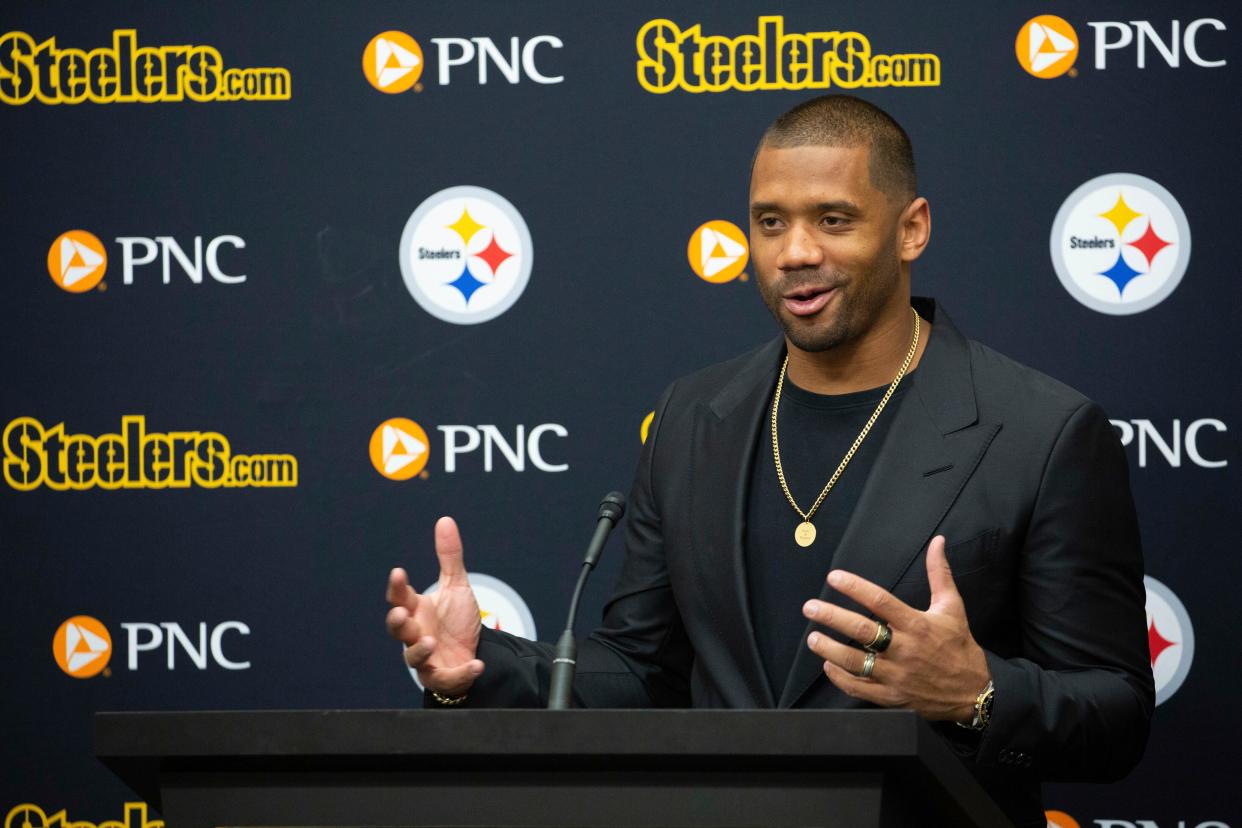 Pittsburgh Steelers newly signed quarterback Russell Wilson speaks with reporters on Friday.