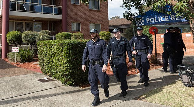 Police on the scene at an apartment complex in Sproule Street, Lakemba. Source: Getty Images