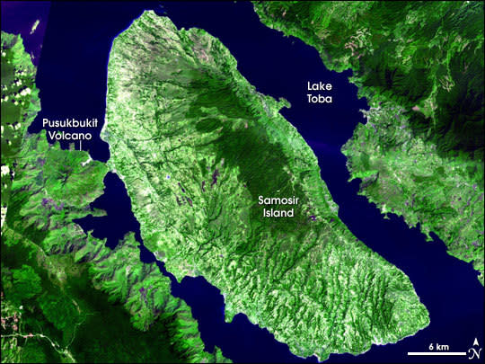 About 70,000 years ago, the Toba Supervolcano erupted in what is now Indonesia. After the eruption, the ground collapsed and left behind a depression called a caldera, which is not filled by Lake Toba and volcanic domes that have emerged in the