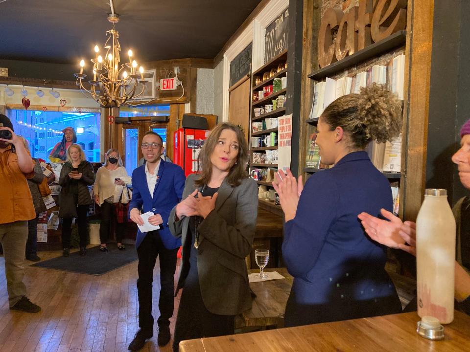 Author Marianne Williamson, a 2024 Democratic presidential candidate, made a campaign stop at Cup of Joe Cafe & Bar in Portsmouth on Thursday, March 9, 2023. The business is owned by Joanna Kelley, the city's assistant mayor.
