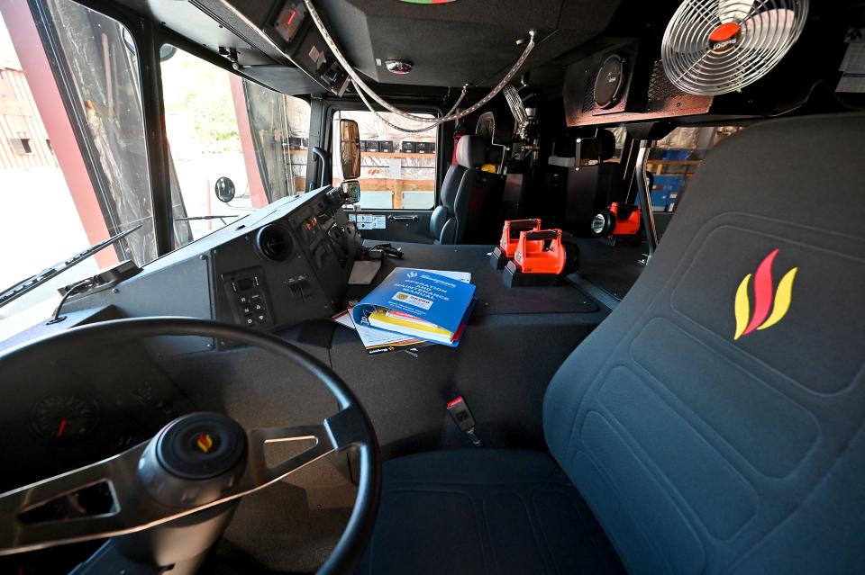 The front cab of the Worcester Fire Department's new 95-foot Seagrave tower ladder truck.