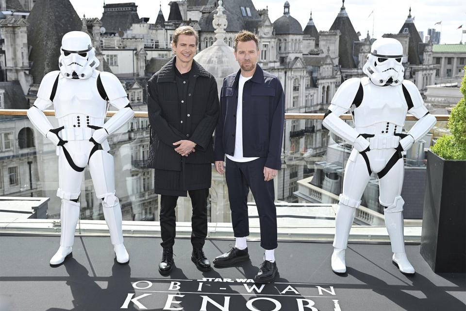 LONDON, ENGLAND - MAY 12: Hayden Christensen and Ewan McGregor attend the "Obi-Wan Kenobi" photocall at the Corinthia Hotel London on May 12, 2022 in London, England. (Photo by Karwai Tang/WireImage)