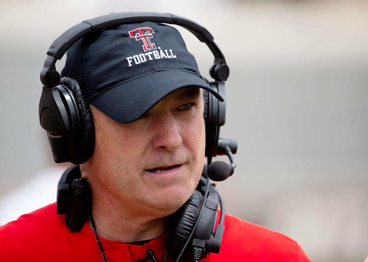 Texas Tech's head coach Joey McGuire stands on the sidelines during the team's spring football game, Saturday, April 23, 2022, on Cody Campbell Field at Jones AT&T Stadium.