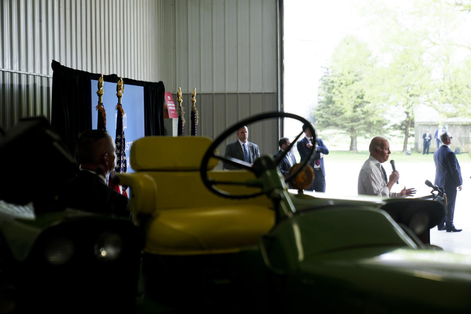 President Joe Biden speaks during a visit to O'Connor Farms, Wednesday, May 11, 2022, in Kankakee, Ill. Biden visited the farm to discuss food supply and prices as a result of Putin's invasion of Ukraine. (AP Photo/Andrew Harnik)