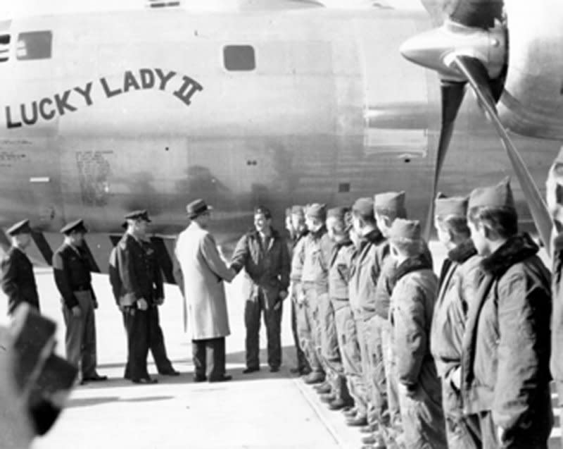 Lucky Lady II crew members are greeted by Air Force Secretary Stuart Symington and Gen. Hoyt Vandenberg following the first non-stop flight around the world on March 2, 1949, at Carswell Air Force Base in Fort Worth, Texas. File Photo courtesy of the U.S. Air Force