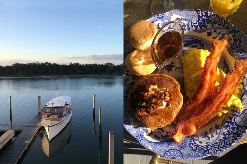 Boat in a marina in Beaufort N.C. and a breakfast from Elmwood 1812