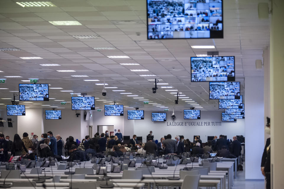 FILE - A view of a specially constructed bunker for the first hearing of a maxi-trial against more than 300 defendants of the 'ndrangheta crime syndicate, near the Calabrian town of Lamezia Terme, southern Italy, on Jan. 13, 2021. Verdicts are expected Monday, Nov. 20, 2023, in the trial of hundreds of people accused of membership in Italy’s ’ndrangheta organized crime syndicate, one of the world’s most powerful, extensive and wealthy drug-trafficking groups. (Valeria Ferraro/LaPresse via AP, File)