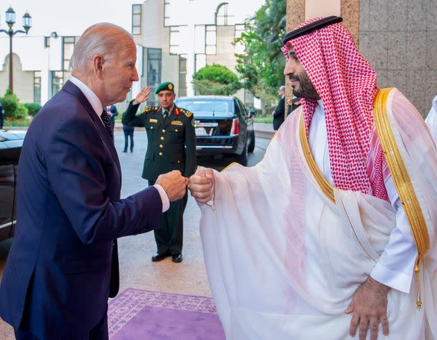 President Joe Biden and Saudi Crown Prince Mohammed Bin Salman greet each other with a fist bump in Jeddah, Saudi Arabia, on Friday. (Photo: via Associated Press)