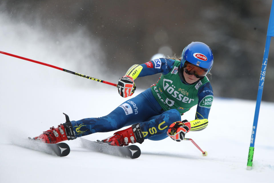 United States' Mikaela Shiffrin speeds down the course during an alpine ski, women's World Cup giant slalom, in Semmering, Austria, Monday, Dec. 28, 2020. (AP Photo/Gabriele Facciotti)