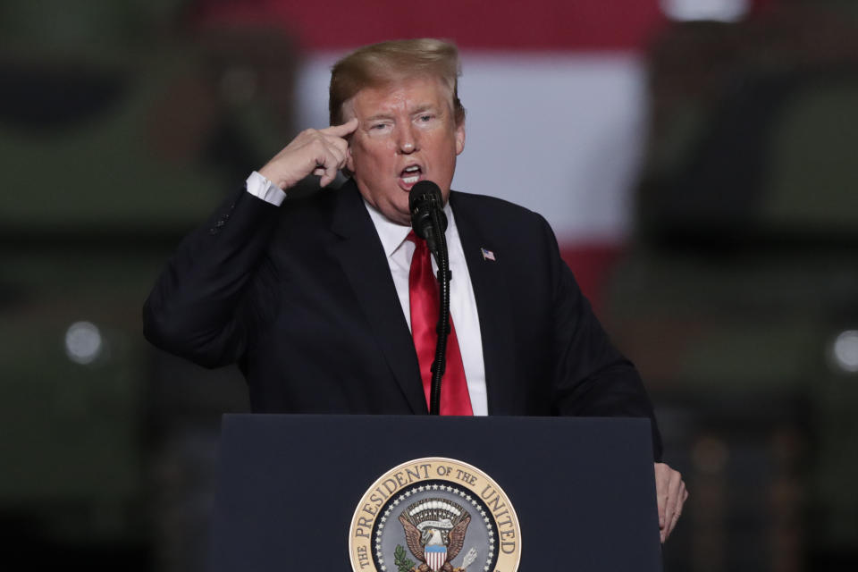 President Trump speaks at Joint Systems Manufacturing Center in Lima, Ohio, on Wednesday. (AP Photo/Michael Conroy)