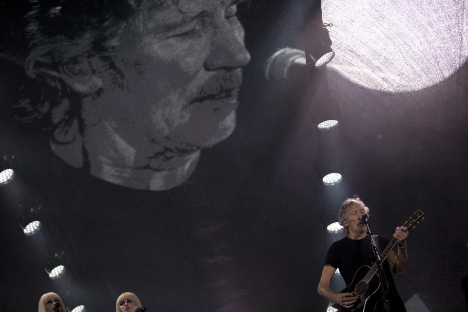 British singer and songwriter Roger Waters performs during his concert of the Us+Them tour at Maracana stadium, Rio de Janeiro, Brazil, Wednesday, Oct. 24, 2018. (AP Photo/Silvia Izquierdo)