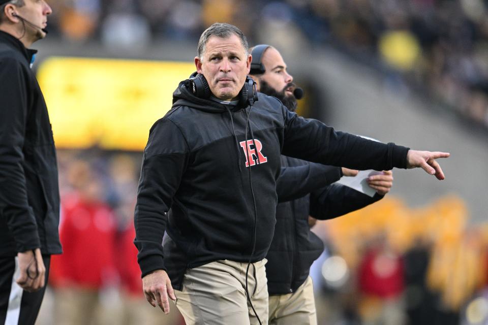 Nov 11, 2023; Iowa City, Iowa, USA; Rutgers Scarlet Knights head coach Greg Schiano reacts with an official during the second quarter against the Iowa Hawkeyes at Kinnick Stadium. Mandatory Credit: Jeffrey Becker-USA TODAY Sports