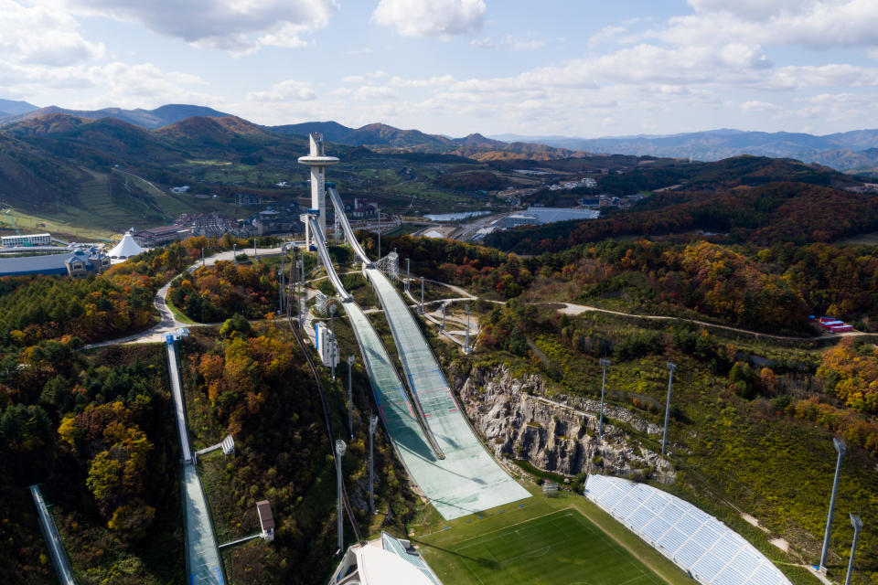 Hills stand at the Alpensia Ski Jumping Stadium, the venue for ski jumping events at the 2018 PyeongChang Winter Olympic Games.