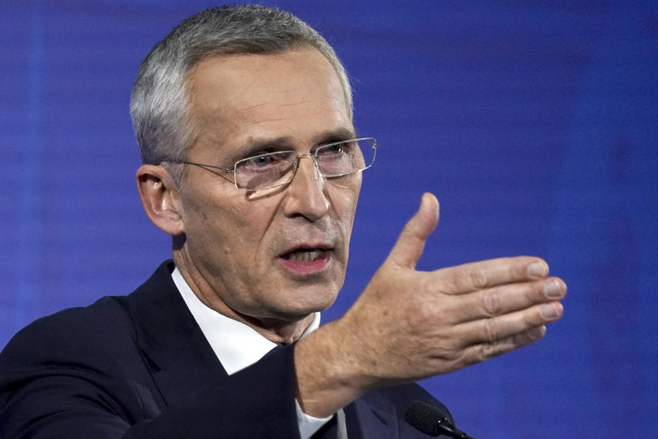 NATO Secretary General Jens Stoltenberg speaks to the media during a news conference on the sideline of the NATO Foreign Ministers meeting in Riga, Latvia Tuesday, Nov. 30, 2021. (AP Photo/Roman Koksarov)