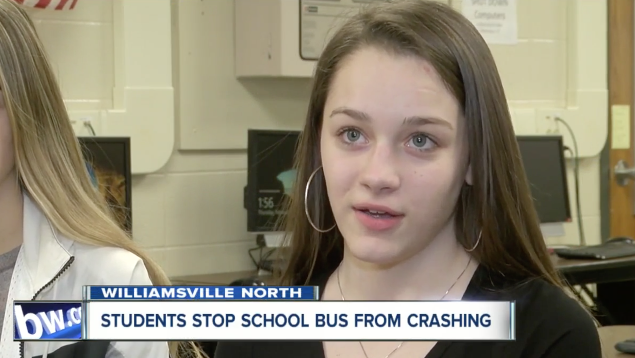 Jessica Ireland, a sophomore at Williamsville North High Schoo, helped save a school bus from crashing. (Screenshot: WKBW)